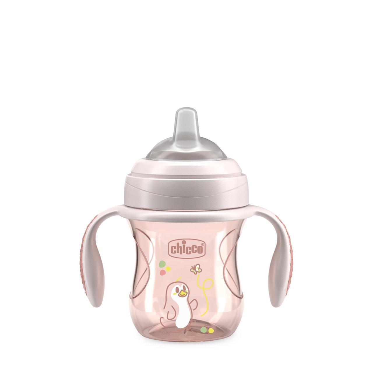 Tazza Transition Chicco rosa antigoccia per neonati dai 4 mesi, con manici removibili e beccuccio in silicone morbido. | Chicco