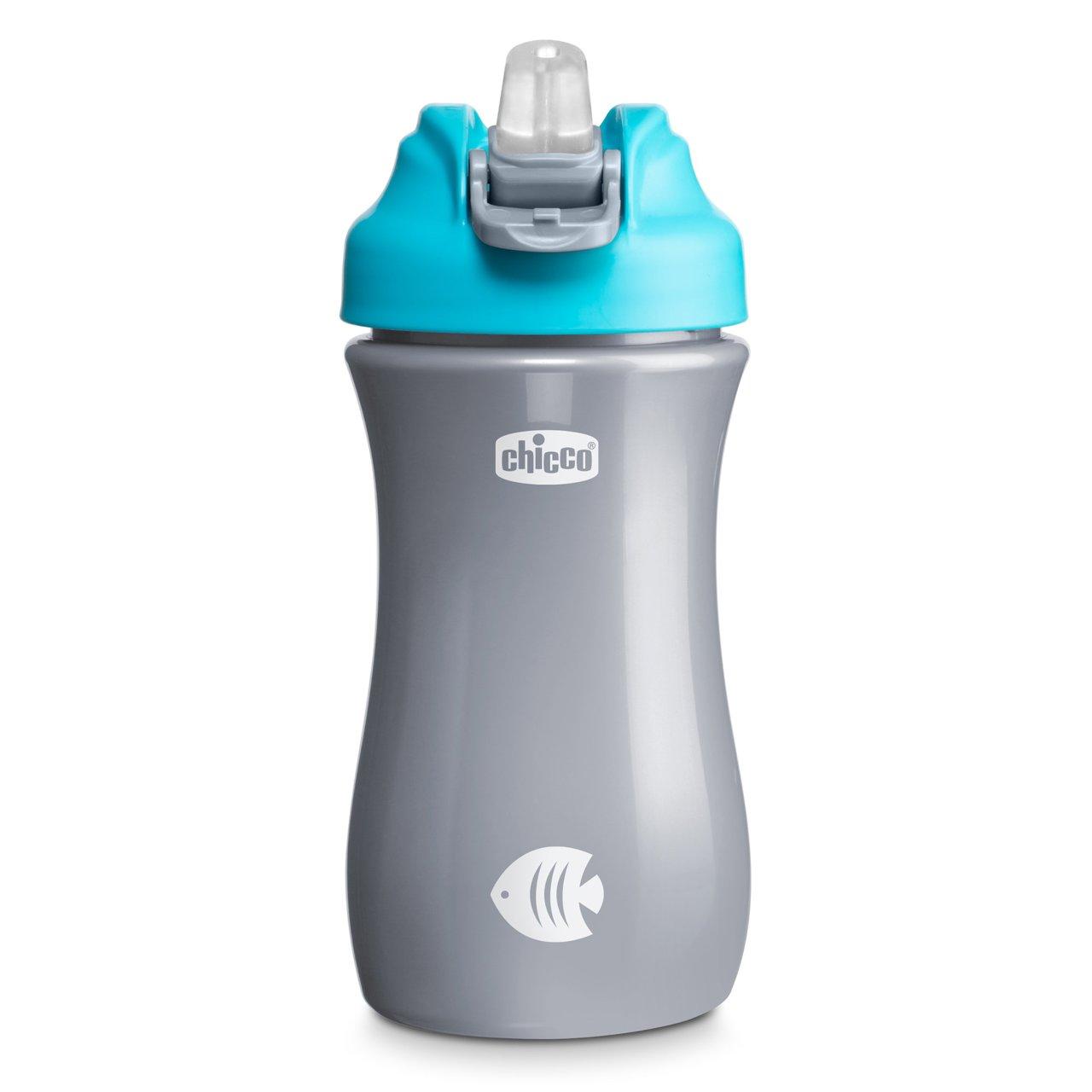 Tazza Pop Up Chicco azzurra per bambini dai 2 anni in su, con beccuccio in silicone e coperchio anti-goccia, ideale per pappa e bevande in viaggio. | Chicco
