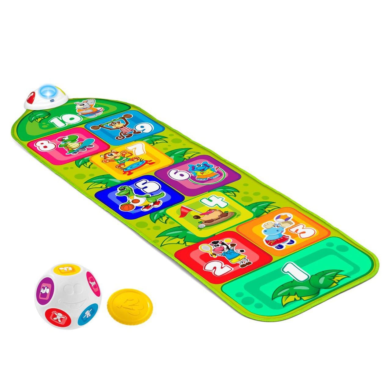 Tappeto musicale interattivo Chicco Jump & Fit Playmat con pannello luci e suoni, ideale per bambini, con moneta e dado Fitness per sviluppare abilità motorie. | Chicco