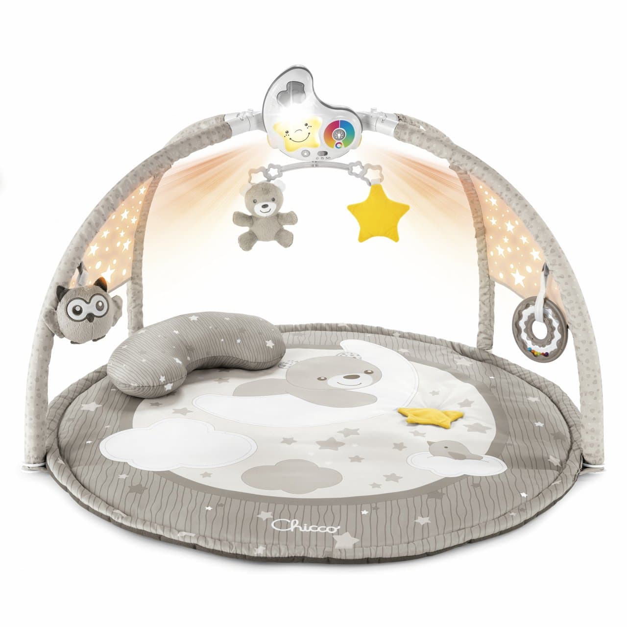 Palestrina interattiva Chicco beige per neonati e bambini piccoli, con pannello luna removibile che proietta stelline e suona melodie, tappeto grande e cuscino ergonomico. | Chicco