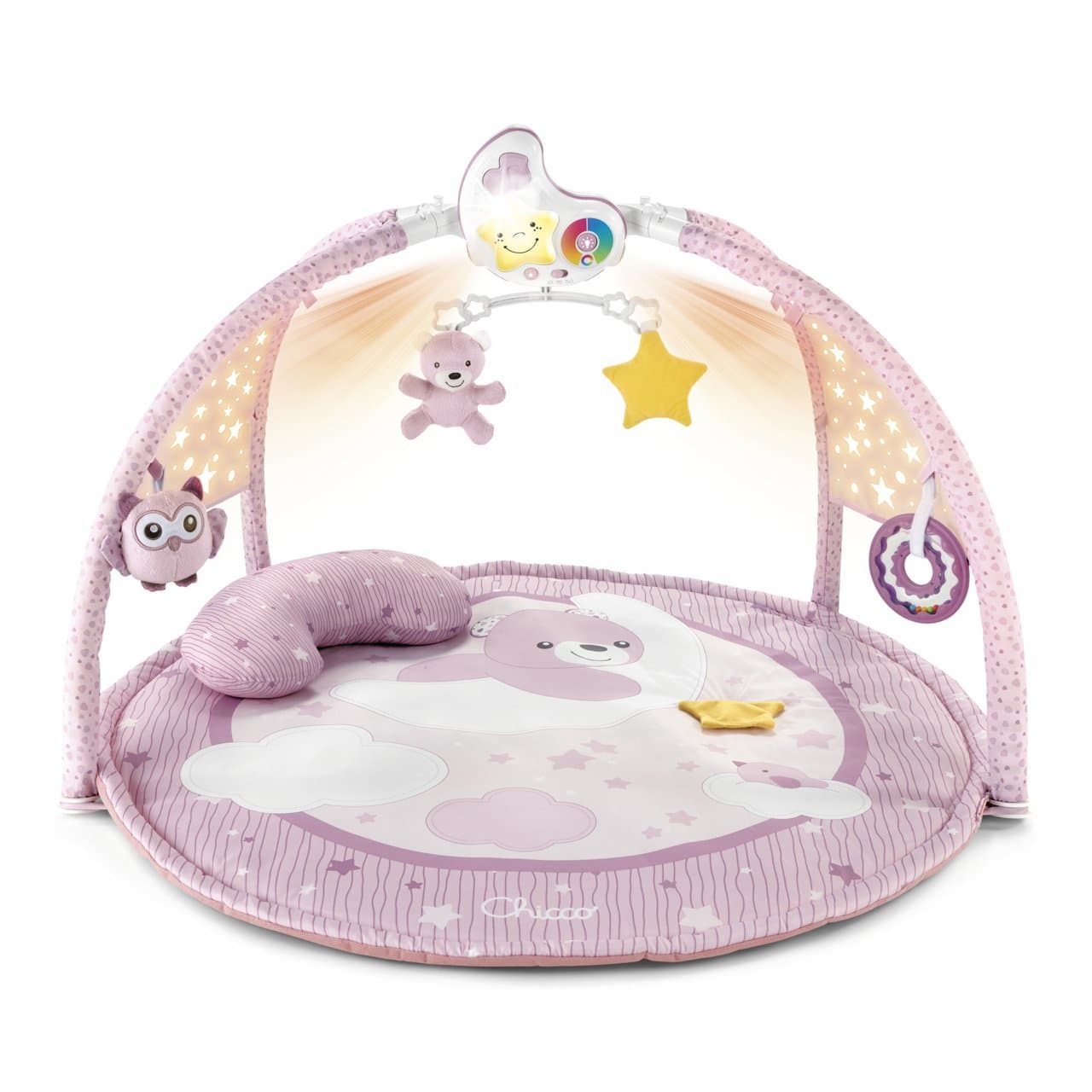Palestrina interattiva Chicco beige per neonati e bambini piccoli, con pannello luna removibile che proietta stelline e suona melodie, tappeto grande e cuscino ergonomico. | Chicco