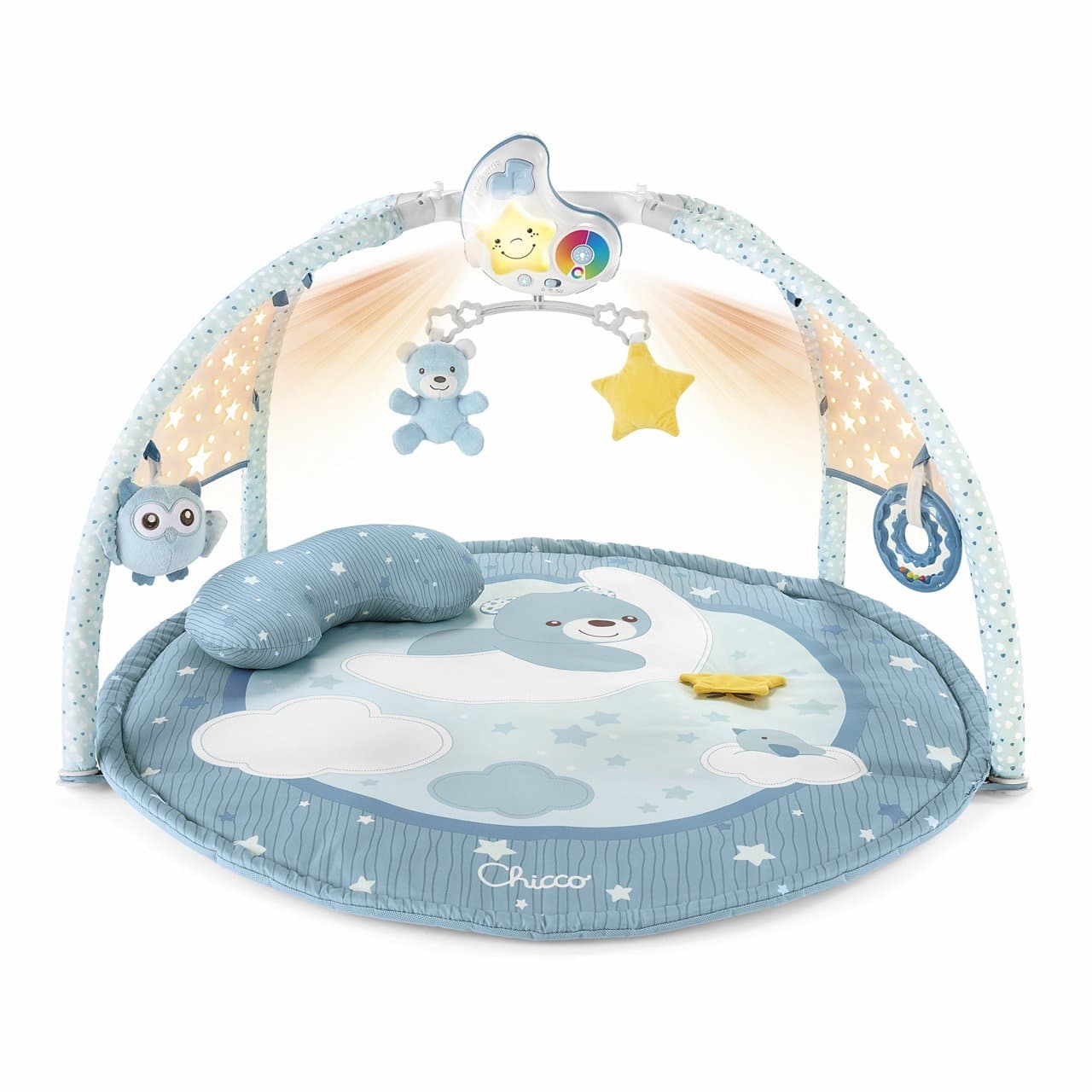 Palestrina interattiva Chicco beige per neonati e bambini piccoli, con pannello luna removibile che proietta stelline e suona melodie, tappeto grande e cuscino ergonomico. | Chicco