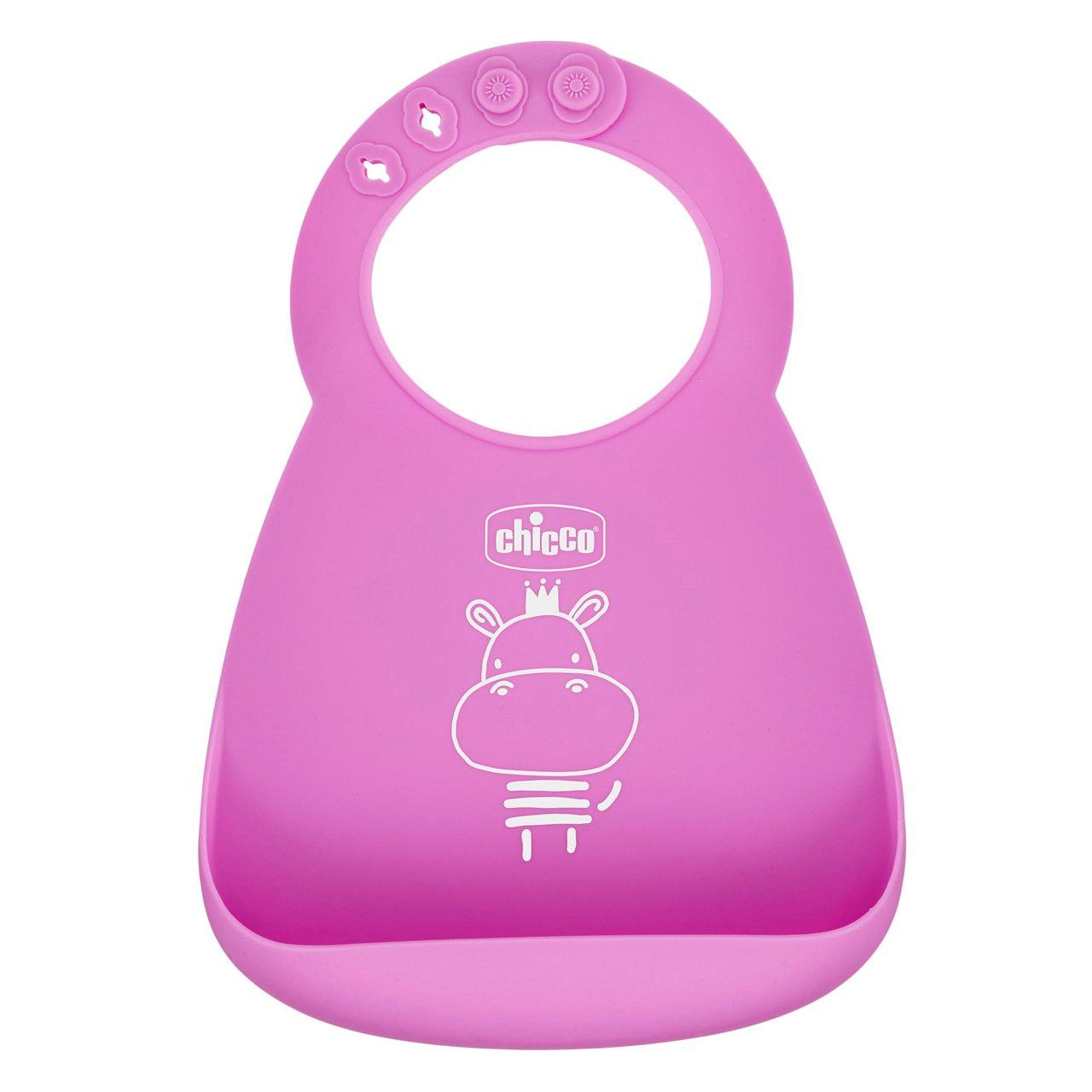 Bavaglino in silicone rosa Chicco facile da arrotolare con tasca raccogli briciole profonda e tracolla regolabile per neonati. | Chicco
