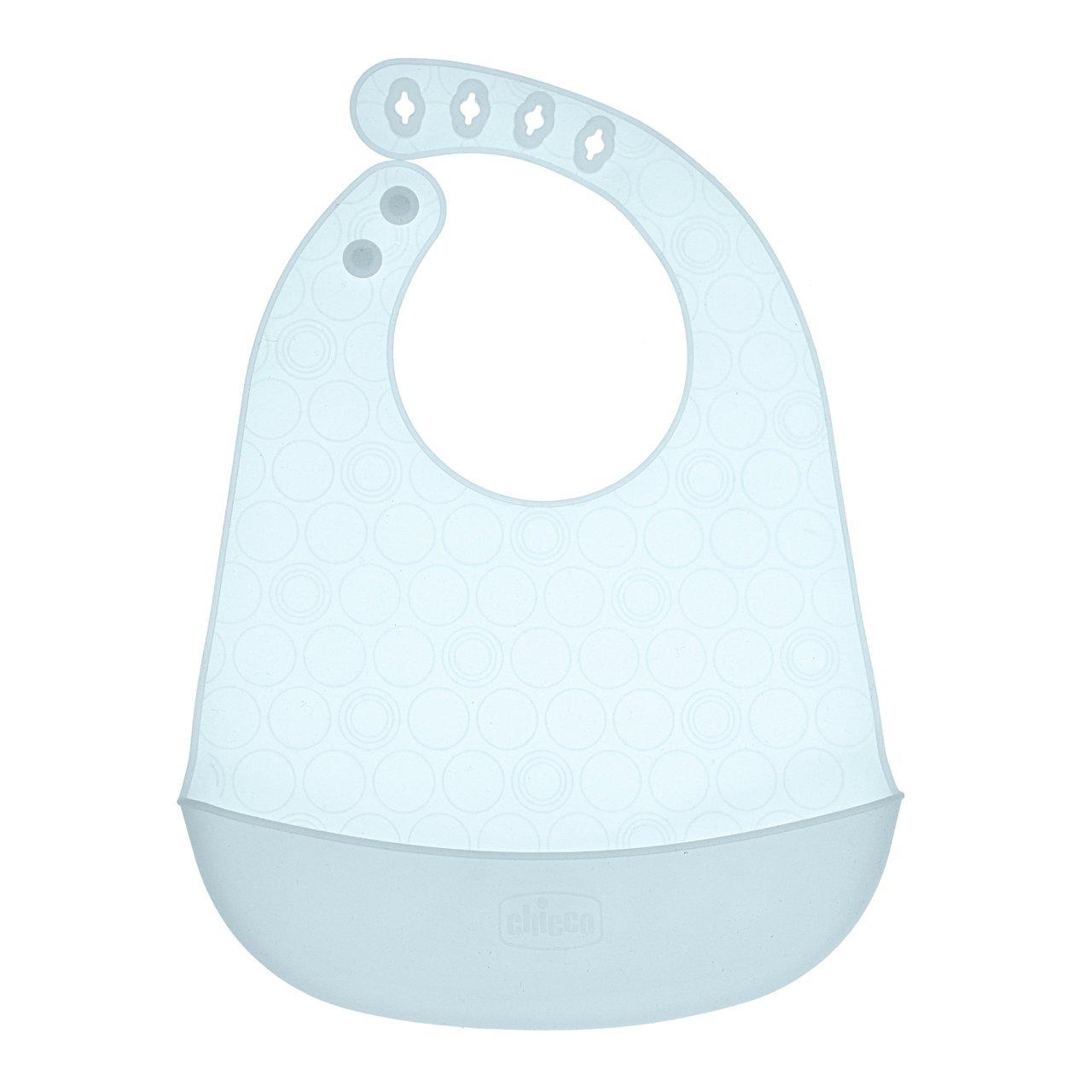 Bavaglino Easy Roll Chicco blu unisex, impermeabile e leggero, con tasca raccogli-briciole e chiusura regolabile per un comfort ottimale. | Chicco
