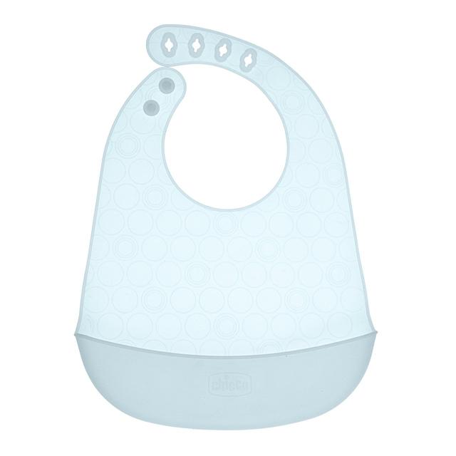 Bavaglino Easy Roll Chicco blu unisex, impermeabile e leggero, con tasca raccogli-briciole e chiusura regolabile per un comfort ottimale. | Chicco