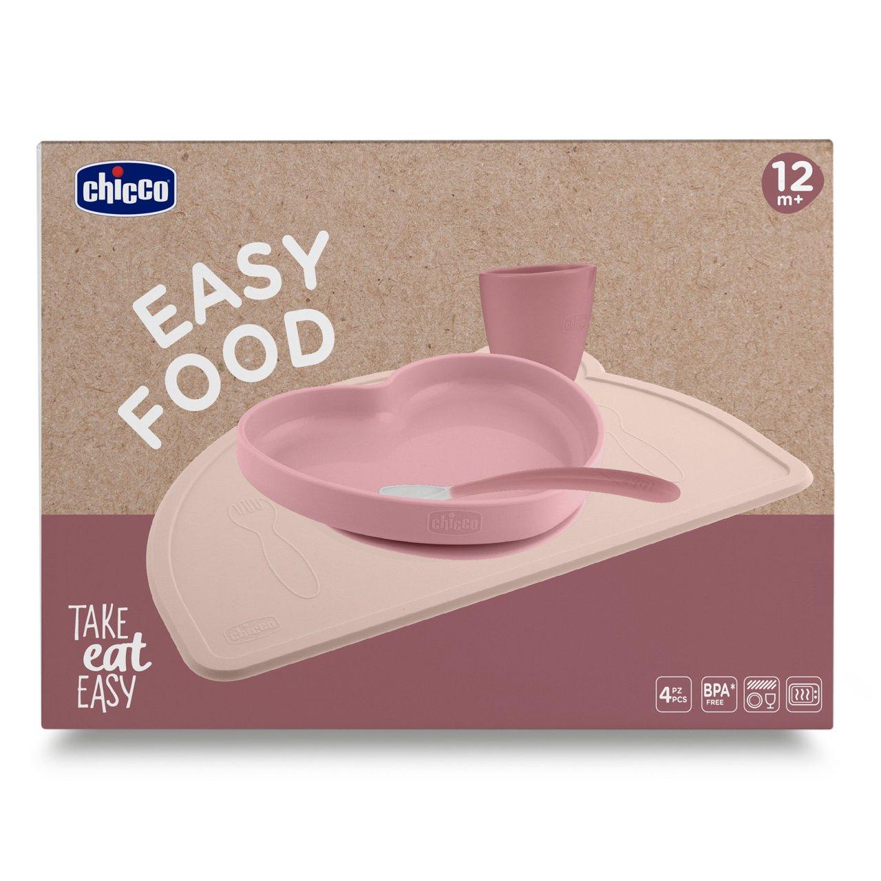 Set svezzamento in silicone blu Easy Food Chicco con piatto ventosa, tovaglietta, tazza e cucchiaio morbido per autoalimentazione bambini. | Chicco