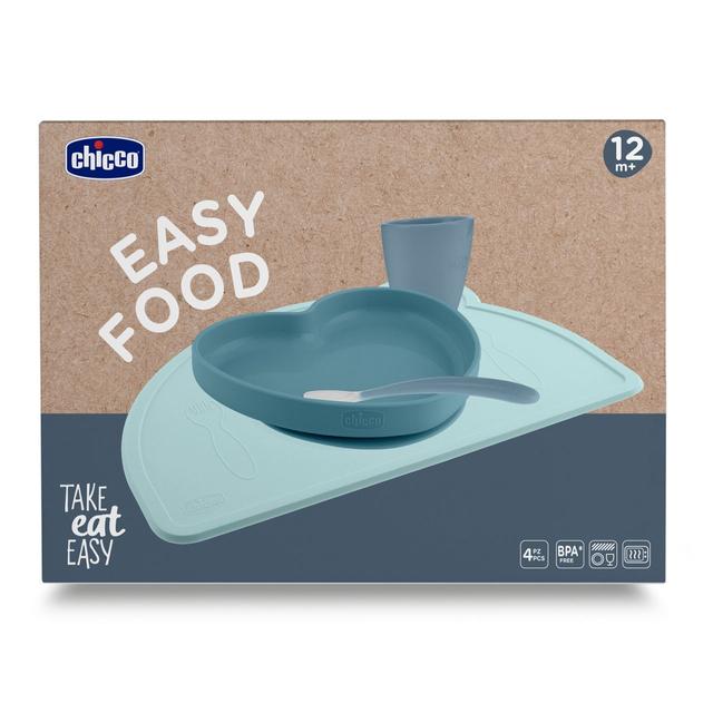 Set svezzamento in silicone blu Easy Food Chicco con piatto ventosa, tovaglietta, tazza e cucchiaio morbido per autoalimentazione bambini. | Chicco
