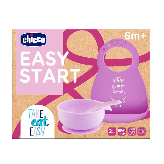 Set pappa svezzamento Chicco Easy Start in silicone rosa, composto da ciotola con ventosa, bavaglino e cucchiaio, ideale da 6 mesi. | Chicco