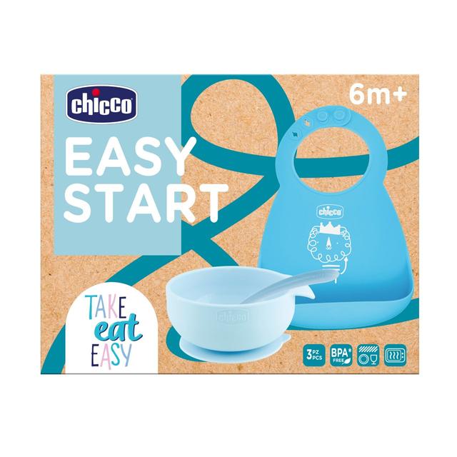 Set pappa svezzamento Chicco Easy Start in silicone rosa, composto da ciotola con ventosa, bavaglino e cucchiaio, ideale da 6 mesi. | Chicco