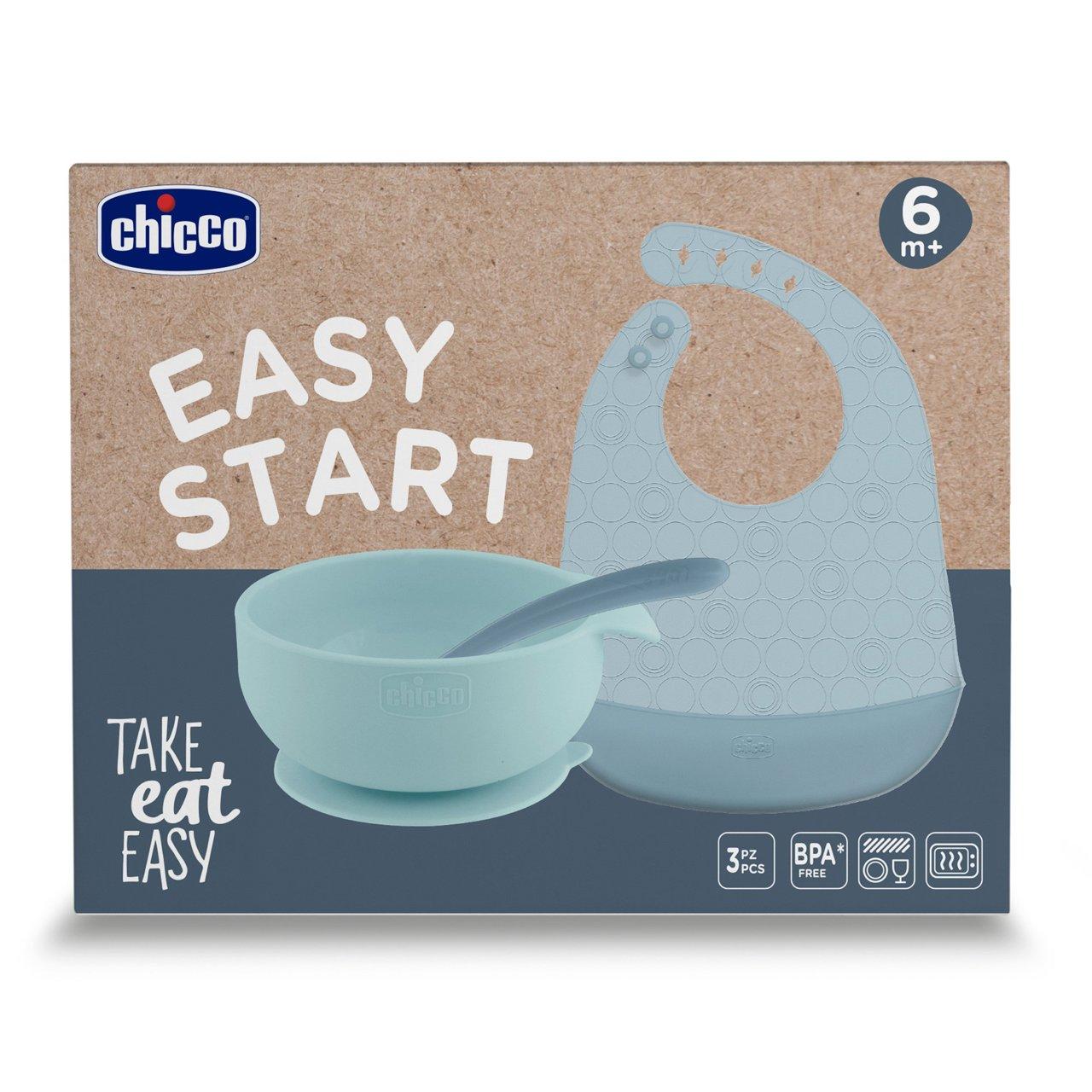 Set svezzamento in silicone blu Easy Start Chicco con ciotola ventosa, bavaglino e cucchiaio morbido, ideale per neonati. | Chicco