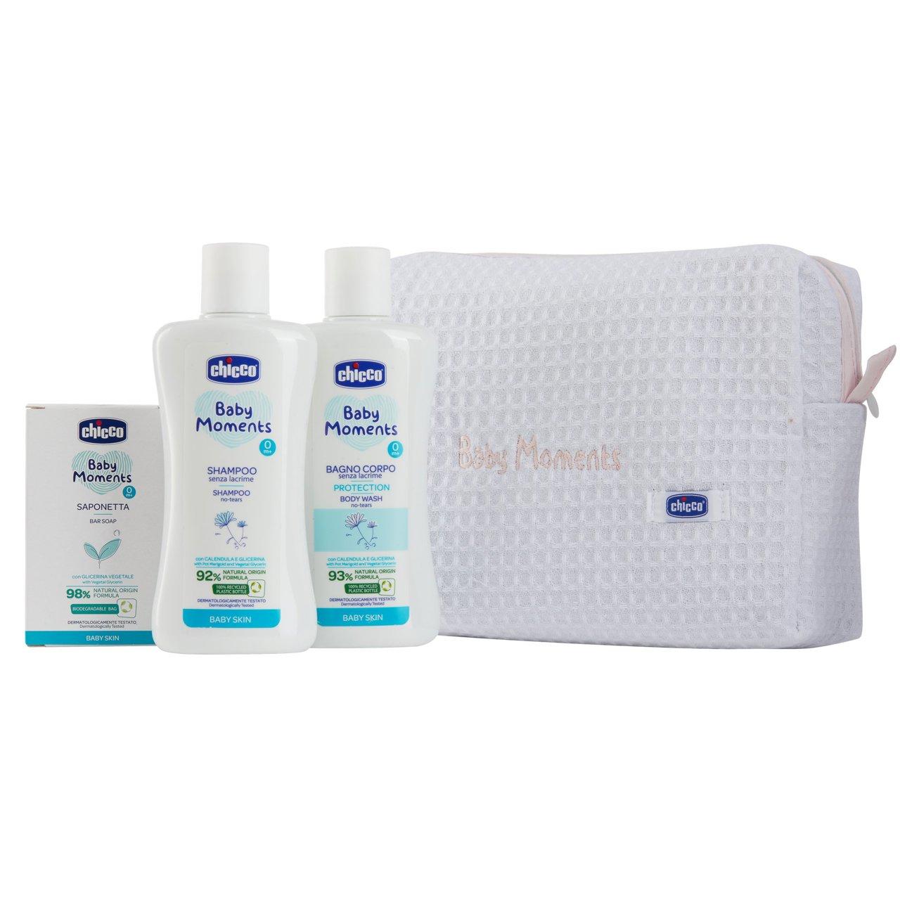 Set regalo Chicco Beauty Baby Moments rosa con zip, contenente bagnoschiuma, shampoo e saponetta per neonati. | Chicco