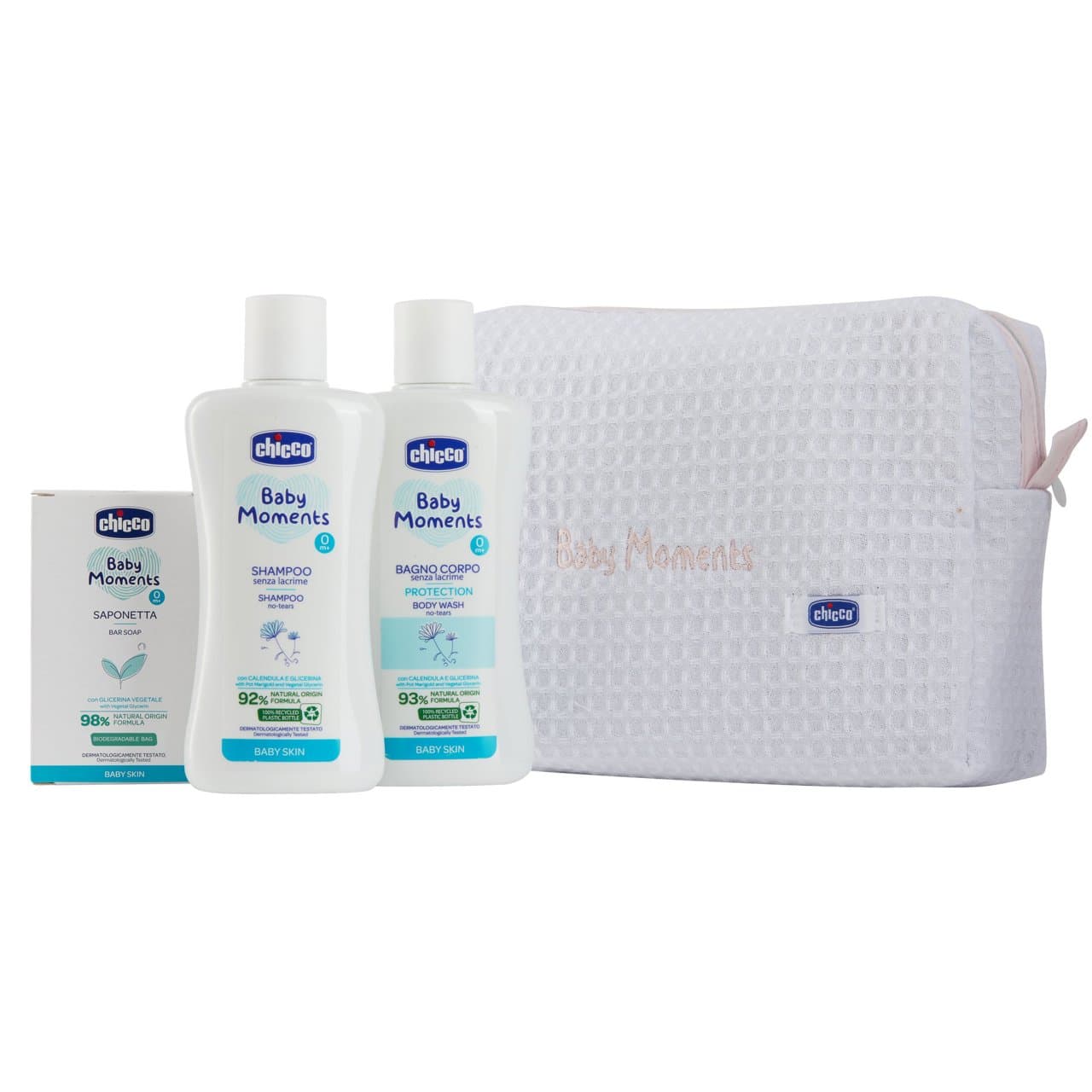 Set regalo Chicco Beauty Baby Moments rosa con zip, contenente bagnoschiuma, shampoo e saponetta per neonati. | Chicco