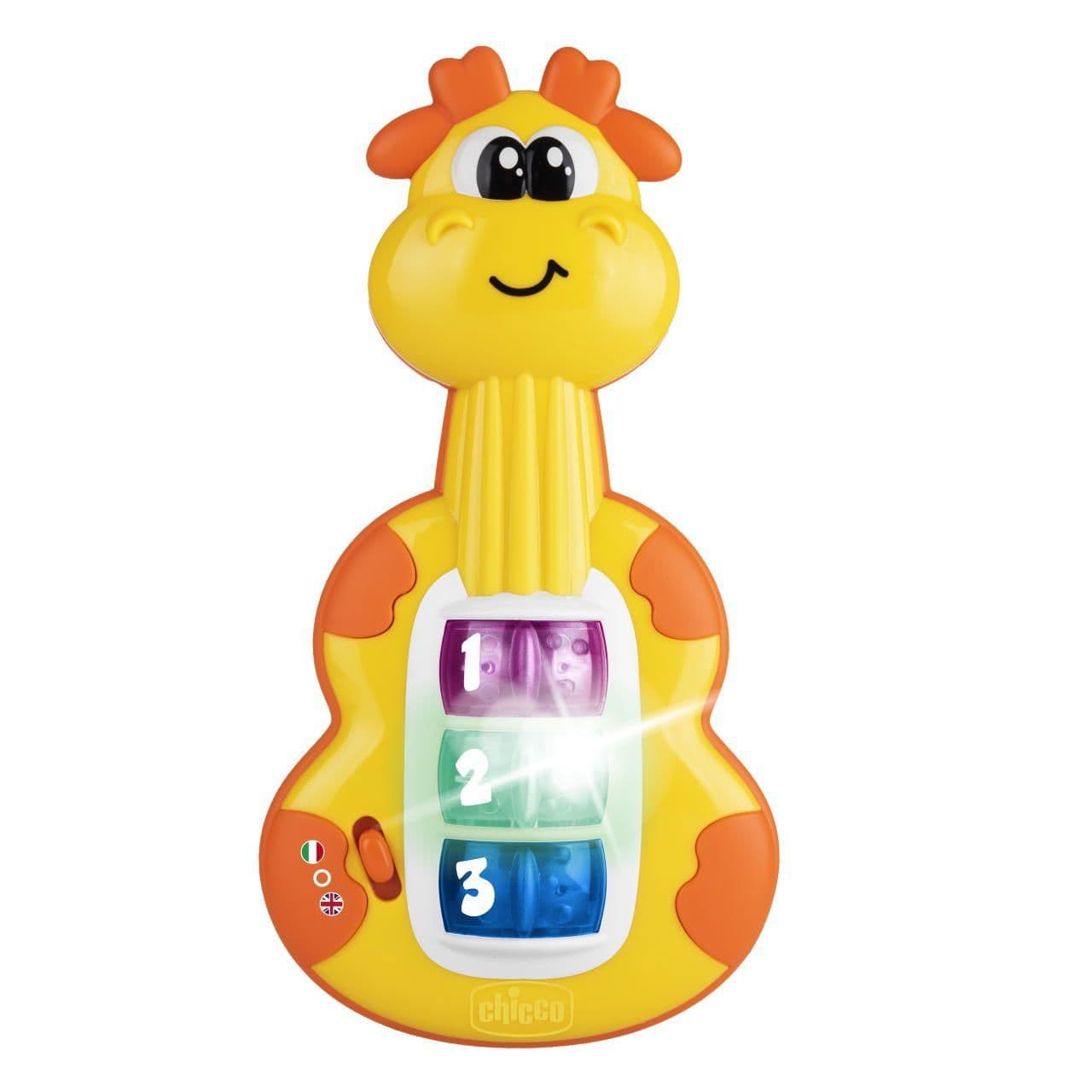 Mini chitarra giocattolo a forma di giraffa Chicco per bambini, con luci e melodie, ideale per imparare le prime note musicali. | Chicco