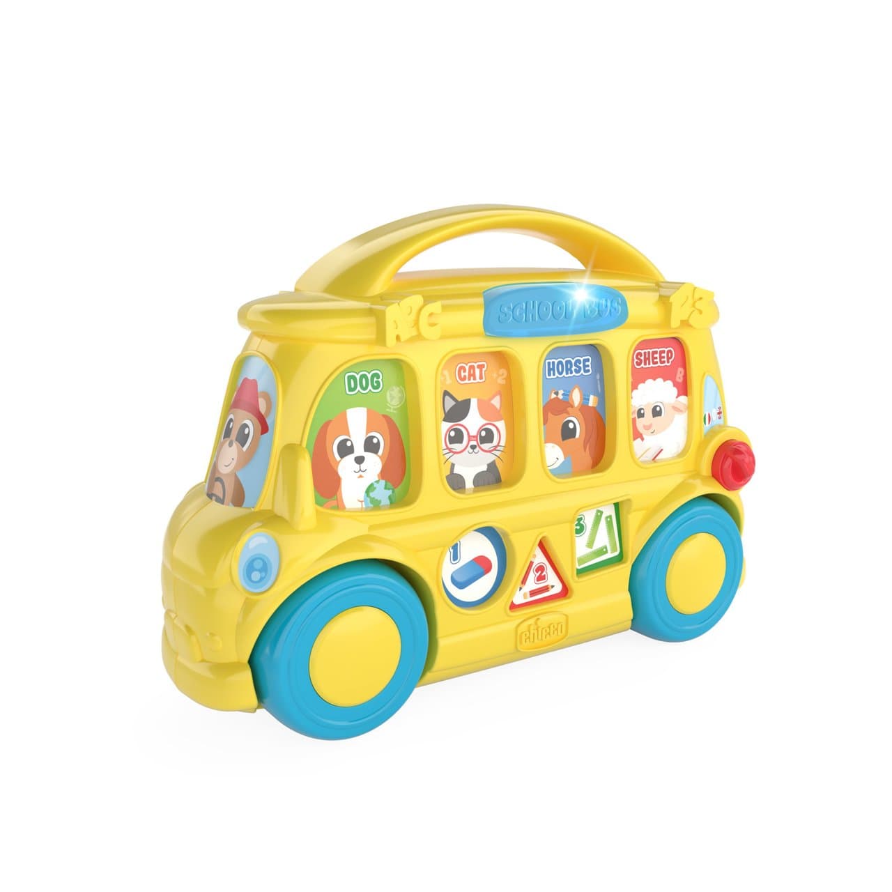 Scuolabus Parlante ABC Chicco con 7 pulsanti luminosi e sonori, un giocattolo educativo bilingue italiano-inglese per stimolare l'apprendimento linguistico. | Chicco
