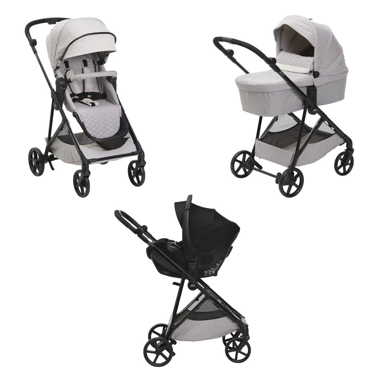 Passeggino Trio Seety con Kory Essential Chicco beige, sistema modulare leggero e versatile per neonati fino a 22 kg, con cappottina UV50+. | Chicco