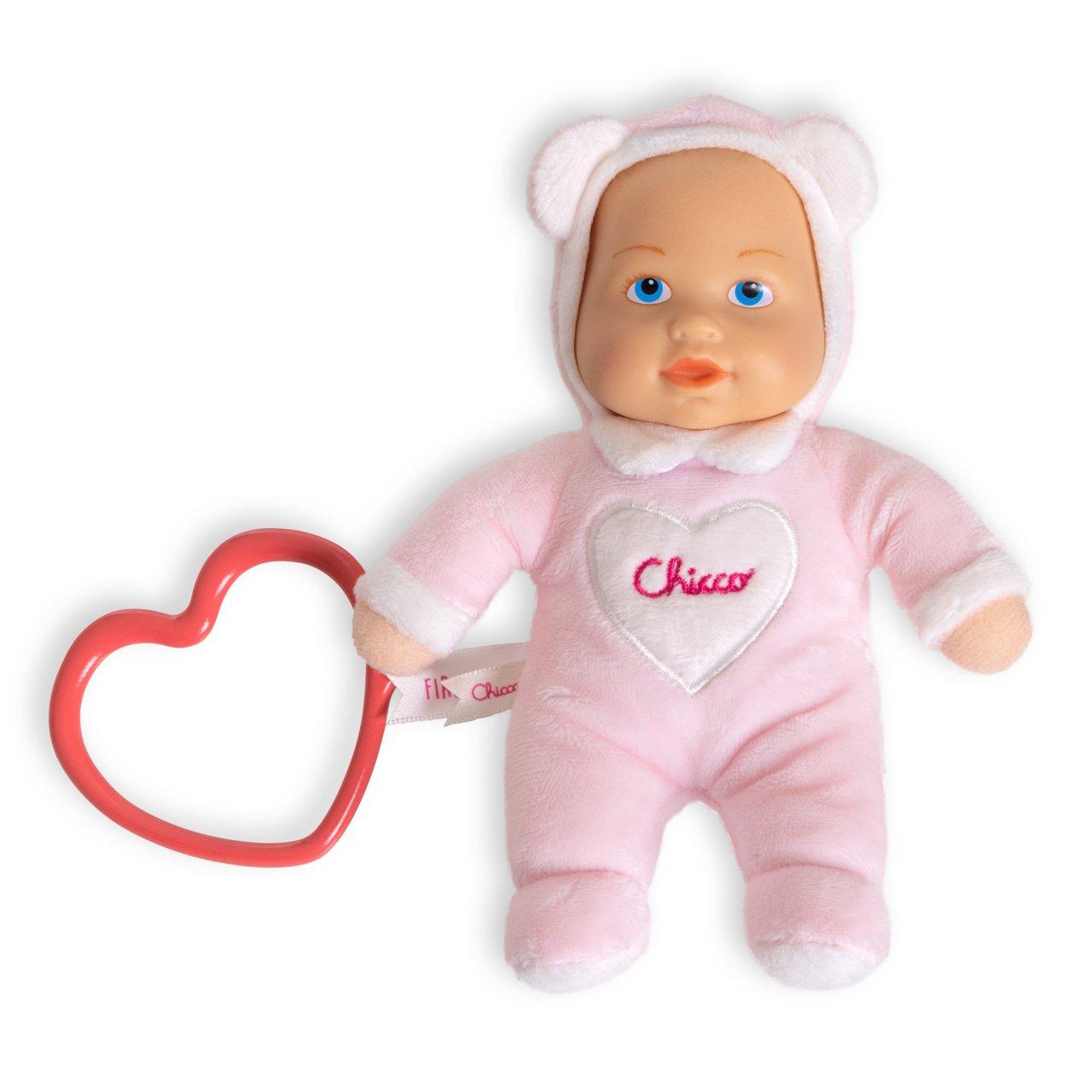 Bambola Doudou Chicco rosa da 18 cm con corpo soffice e testa in vinile, dotata di anello a cuore per la dentizione, ideale per neonati. | Chicco