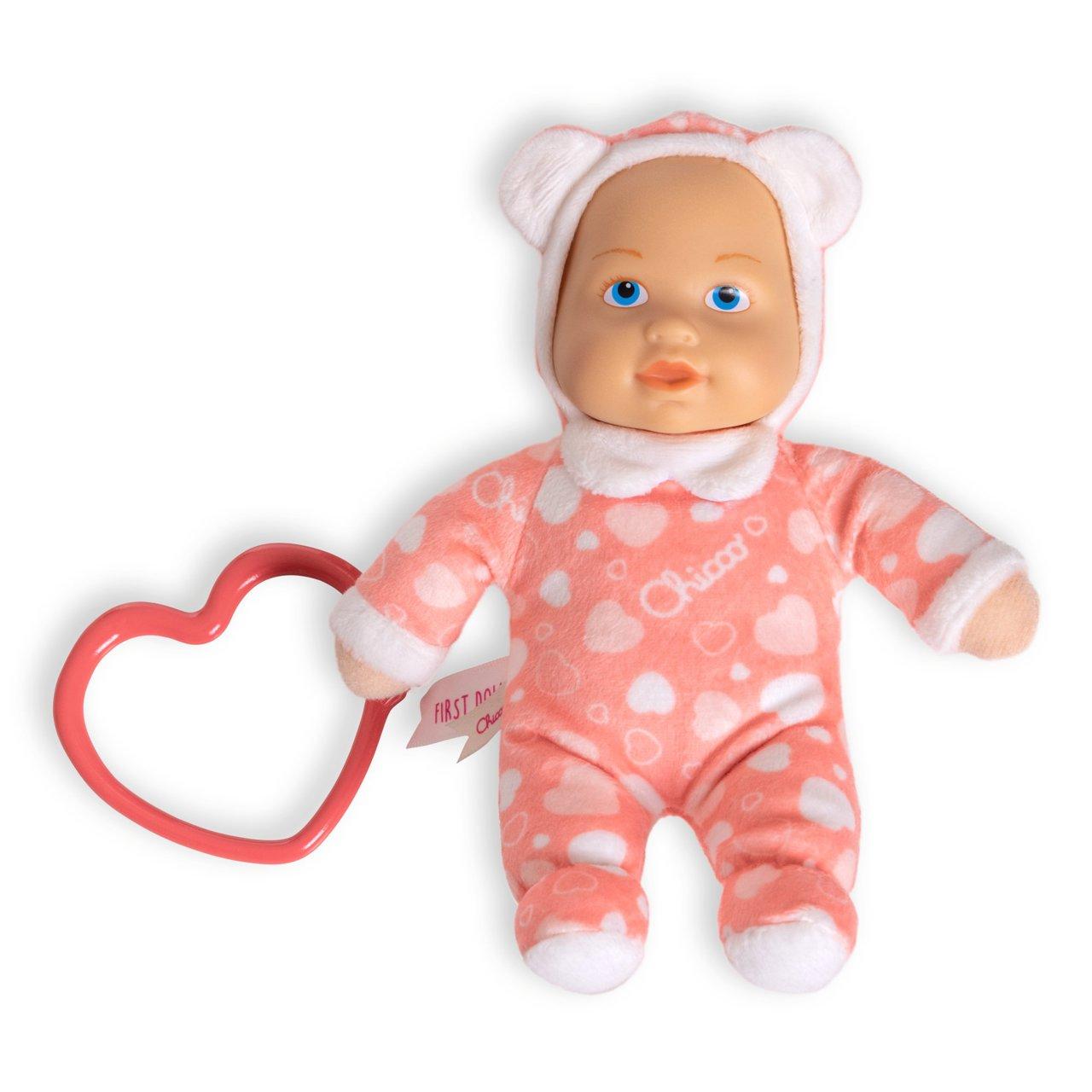 Bambola Doudou Chicco rosa da 18 cm con corpo soffice e testa in vinile, dotata di anello a cuore per la dentizione, ideale per neonati. | Chicco