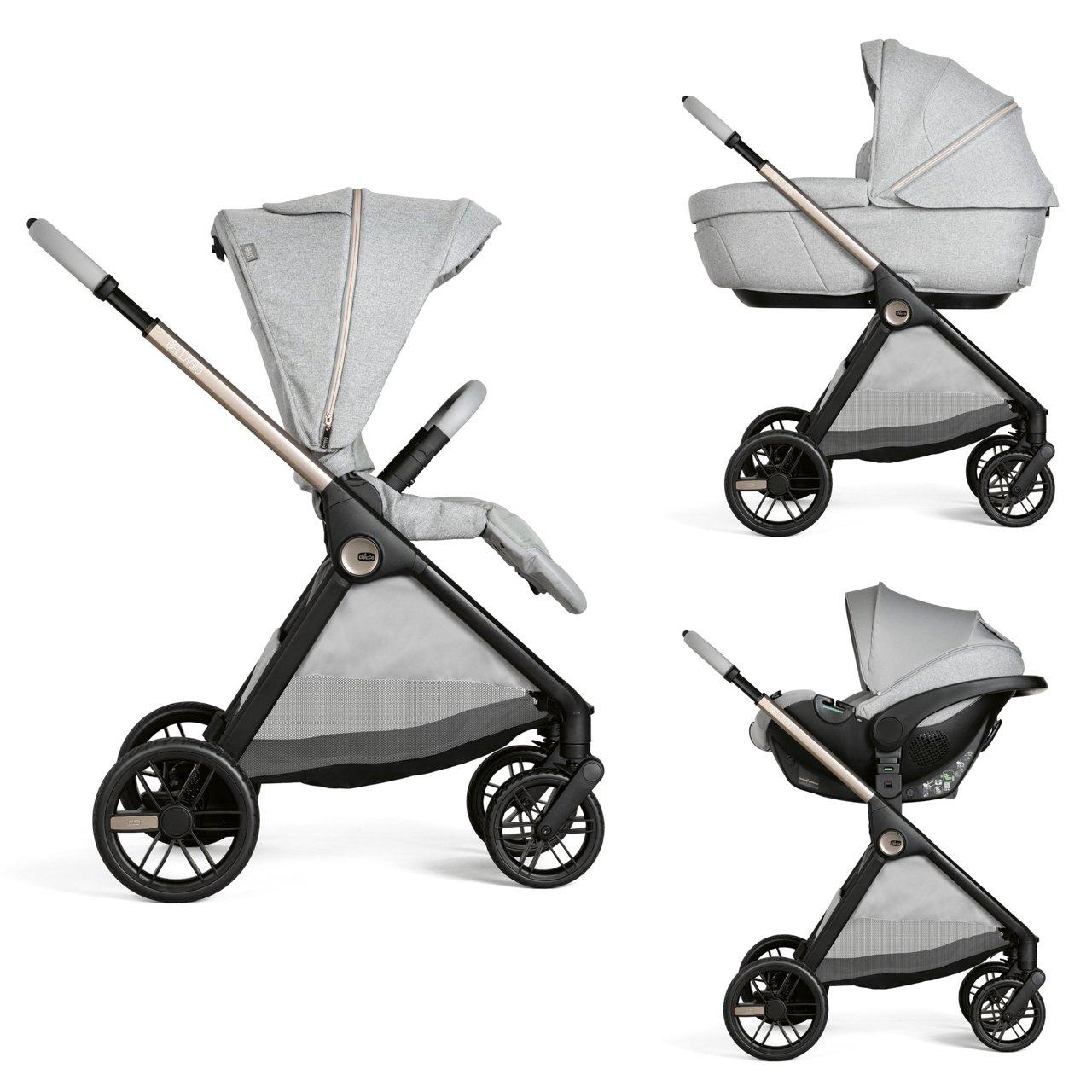 Trio Bellagio Gran Comfort Con Kory Plus Chicco grigio, sistema modulare passeggino, culla e seggiolino auto omologato dalla nascita fino a 22 kg. | Chicco
