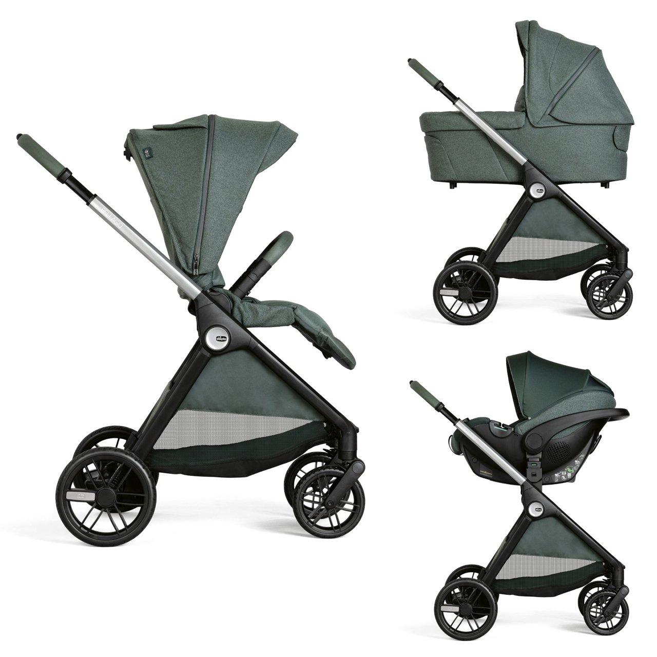 Trio Bellagio Flexi Con Kory Plus Chicco verde unisex, sistema modulare con passeggino, culla e seggiolino auto Kory Plus, ideale per ogni stagione. | Chicco
