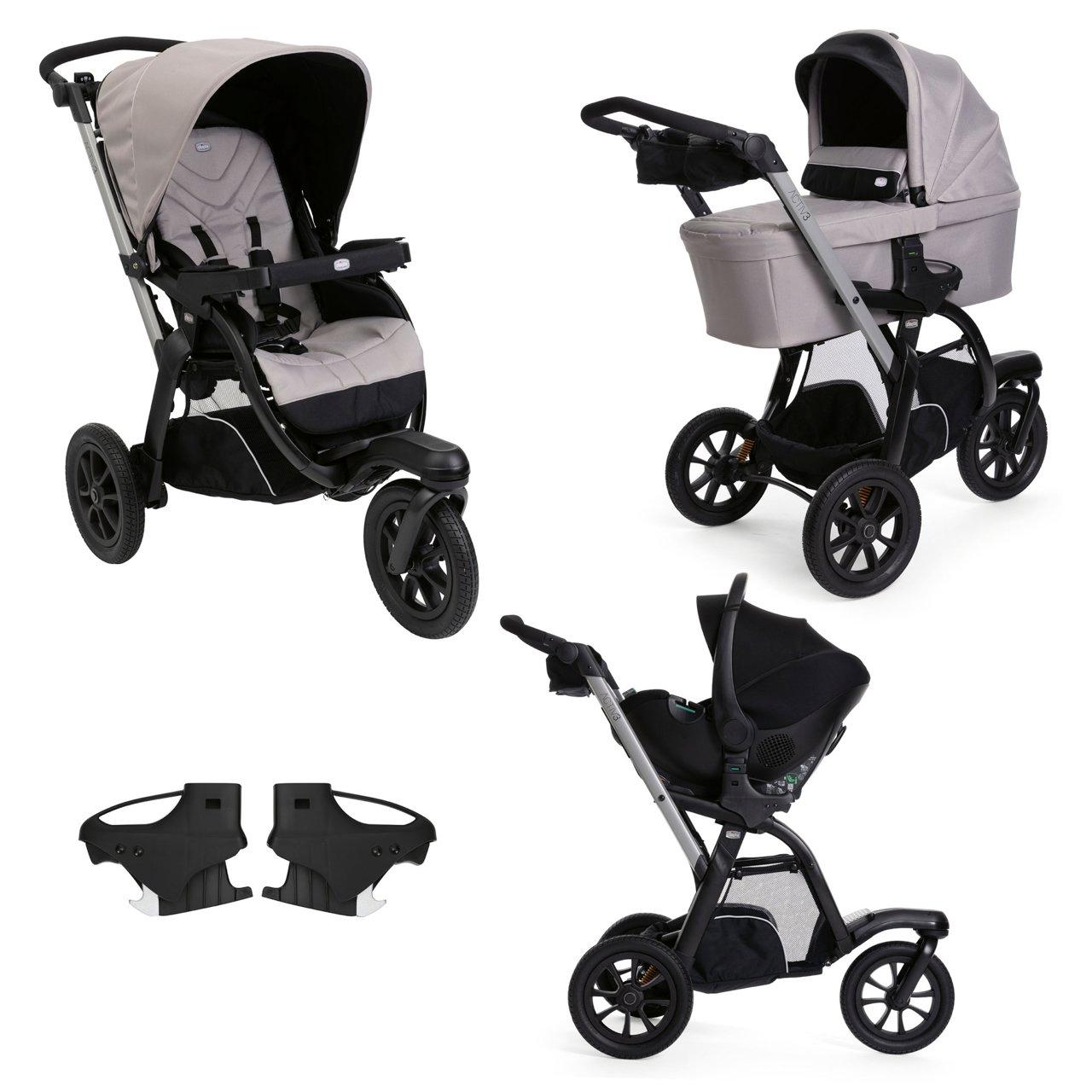 Passeggino trio Chicco Activ3 nero, sistema modulare versatile con navicella e seggiolino auto Kory Essential, ideale per genitori attivi. | Chicco