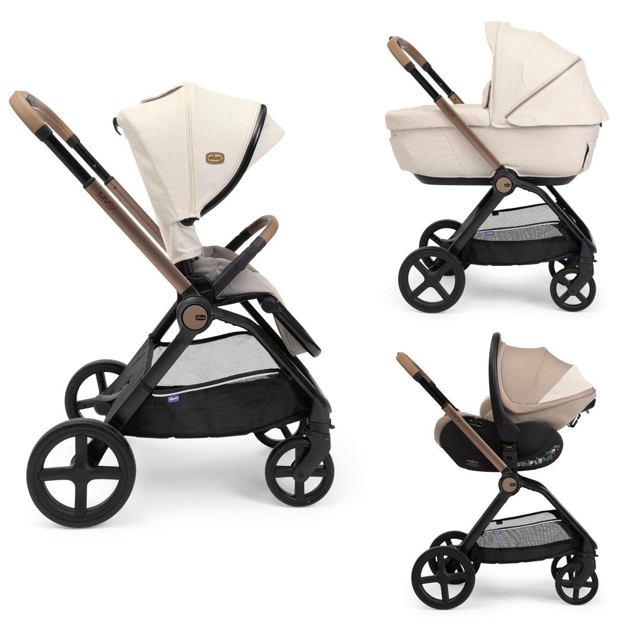 Passeggino Trio Mysa Gran Comfort Chicco nero con seggiolino First-Seat Recline, ideale per tutte le stagioni e omologato dalla nascita. | Chicco