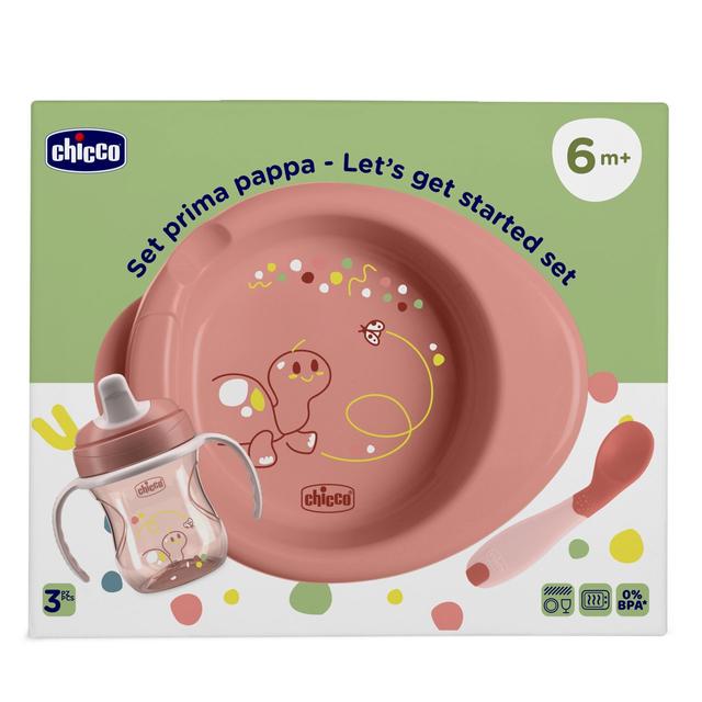 Set svezzamento Chicco rosa per bambini 6m+, include piatto termico, tazza antigoccia e cucchiaio angolato per l'autonomia alimentare. | Chicco