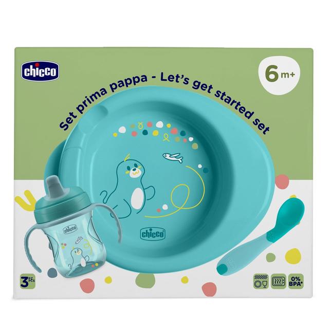 Set svezzamento Chicco rosa per bambini 6m+, include piatto termico, tazza antigoccia e cucchiaio angolato per l'autonomia alimentare. | Chicco