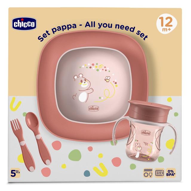 Set pappa Chicco 12m+ rosa per svezzamento bambini, con piatto ergonomico, tazza 360° e posate sicure. | Chicco