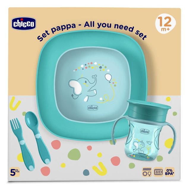 Set pappa Chicco 12m+ rosa per svezzamento bambini, con piatto ergonomico, tazza 360° e posate sicure. | Chicco