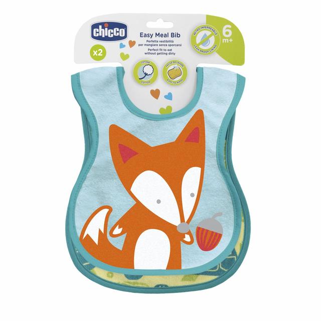 Bavaglini Easy Meal Chicco verdi in soffice cotone con retro impermeabile, ideali per lo svezzamento dei bambini dai 6 mesi in su, confezione da 2 pezzi. | Chicco