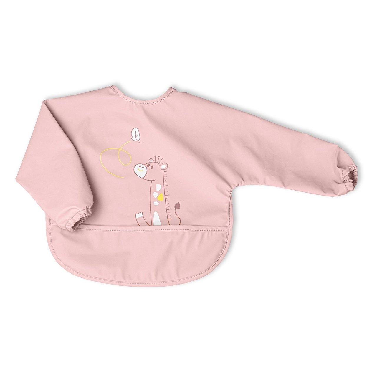 Bavaglino Chicco Stay-Dry con maniche in colore rosa, dotato di tasca raccogli-briciole e chiusura regolabile, ideale per lo svezzamento. | Chicco