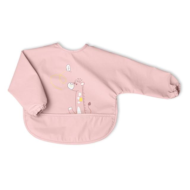 Bavaglino Chicco Stay-Dry con maniche in colore rosa, dotato di tasca raccogli-briciole e chiusura regolabile, ideale per lo svezzamento. | Chicco