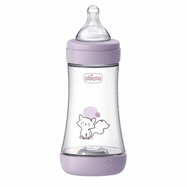 Biberon Chicco Perfect 5 da 240 ml in colore rosa, con tettarella fisiologica in silicone Soft Sense e membrana Equilibrium per un'alimentazione biofunzionale. | Chicco