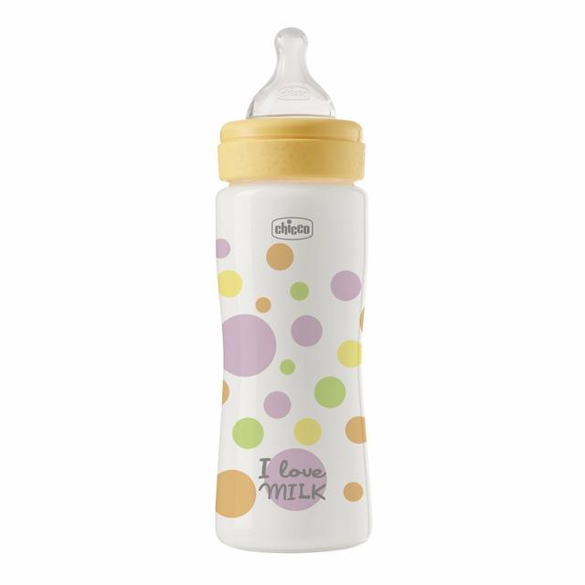 Biberon Chicco Perfect Easy da 330ml in plastica ergonomica di colore giallo, con tettarella Physio in silicone a flusso rapido per neonati, ideale per prevenire coliche e rigurgiti. | Chicco