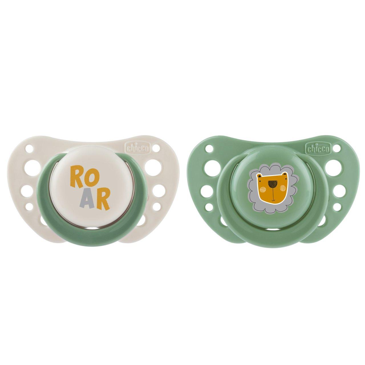 Succhietti Air Chicco in silicone verde per neonati unisex da 2 a 6 mesi, con design PhysioForma anatomico e ampie aperture per la traspirazione. | Chicco