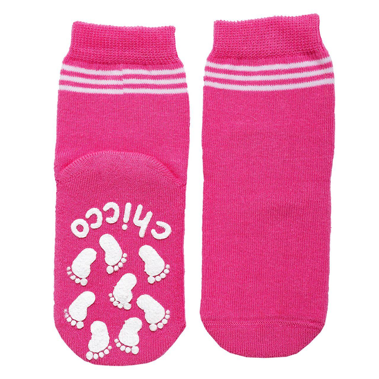Calze antiscivolo Chicco fucsia con righe bianche per bambina, con gommatura a forma di piedino per massima sicurezza. | Chicco