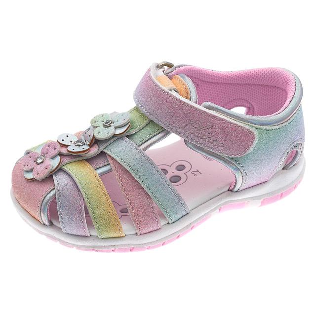Sandalo bambina Chicco Flavia arancione con glitter multicolore, punta e tallone chiusi, decorazioni floreali con strass e suola flessibile. | Chicco