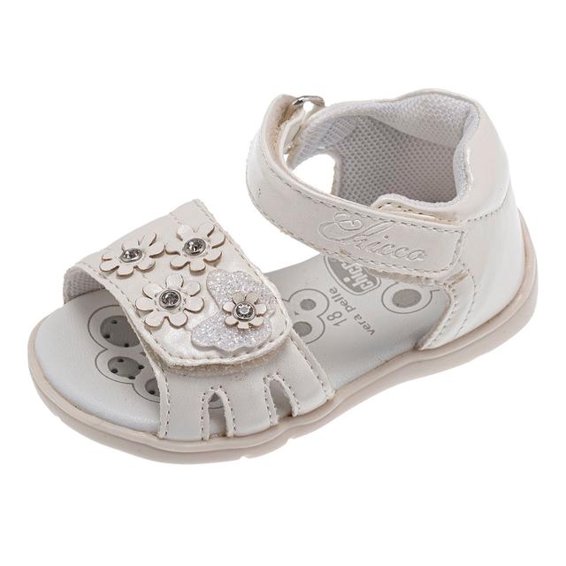 Sandalo primi passi Chicco per bambina in materiale perlato bianco, con fiori e strass, suola flessibile e sottopiede Impronta Chicco. | Chicco