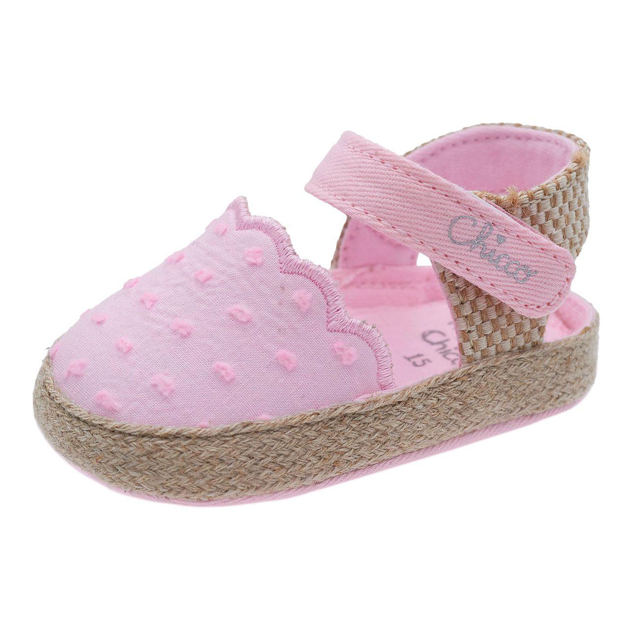 Sandalo da bambina Chicco rosa in tessuto plumetis con bordo in corda, punta chiusa e chiusura a strappo regolabile, ideale per la primavera/estate. | Chicco