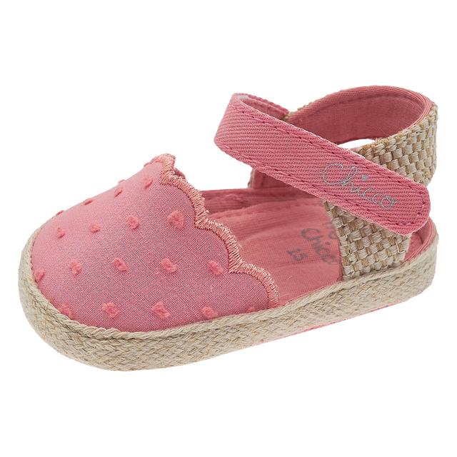 Sandalo da bambina Chicco rosa in tessuto plumetis con bordo in corda, punta chiusa e chiusura a strappo regolabile, ideale per la primavera/estate. | Chicco