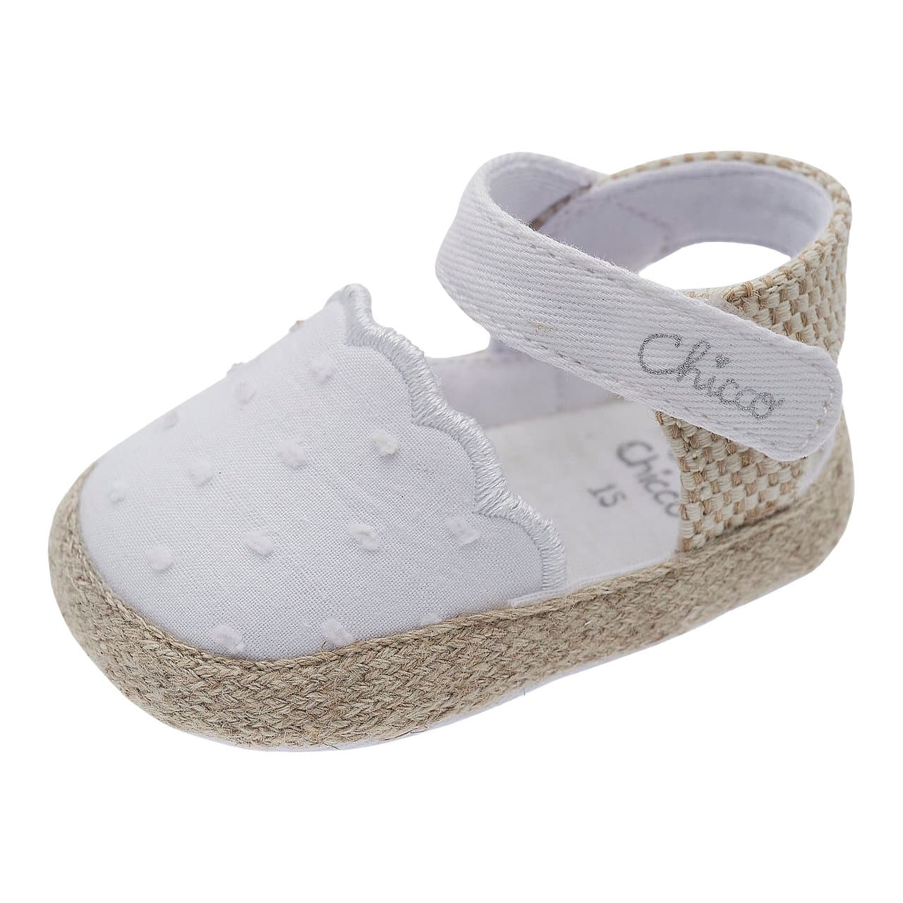 Sandalo da bambina Chicco rosa in tessuto plumetis con bordo in corda, punta chiusa e chiusura a strappo regolabile, ideale per la primavera/estate. | Chicco