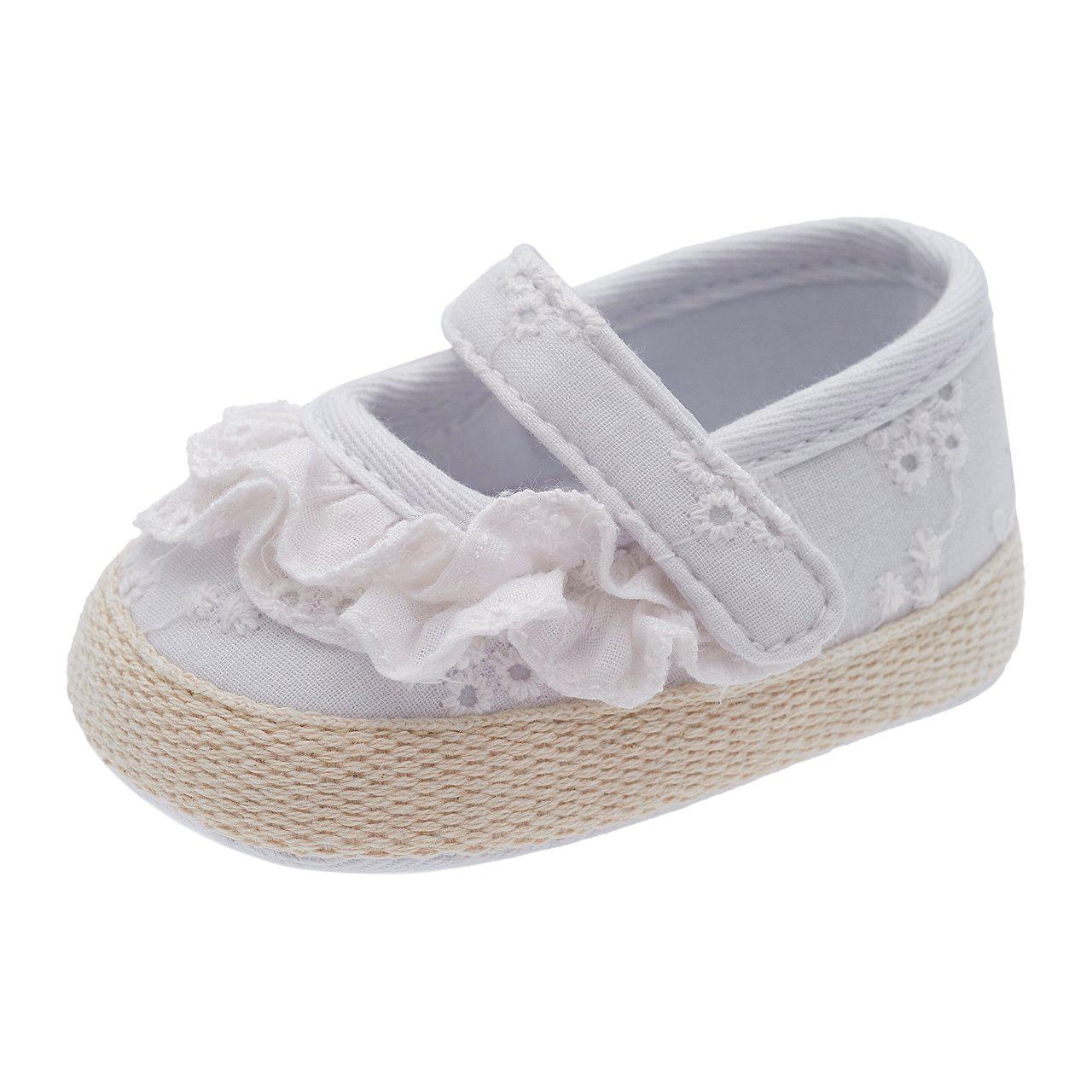 Ballerina bambina Oriella Chicco in sangallo bianco con rouches e bordo in corda, chiusura a strappo regolabile. | Chicco