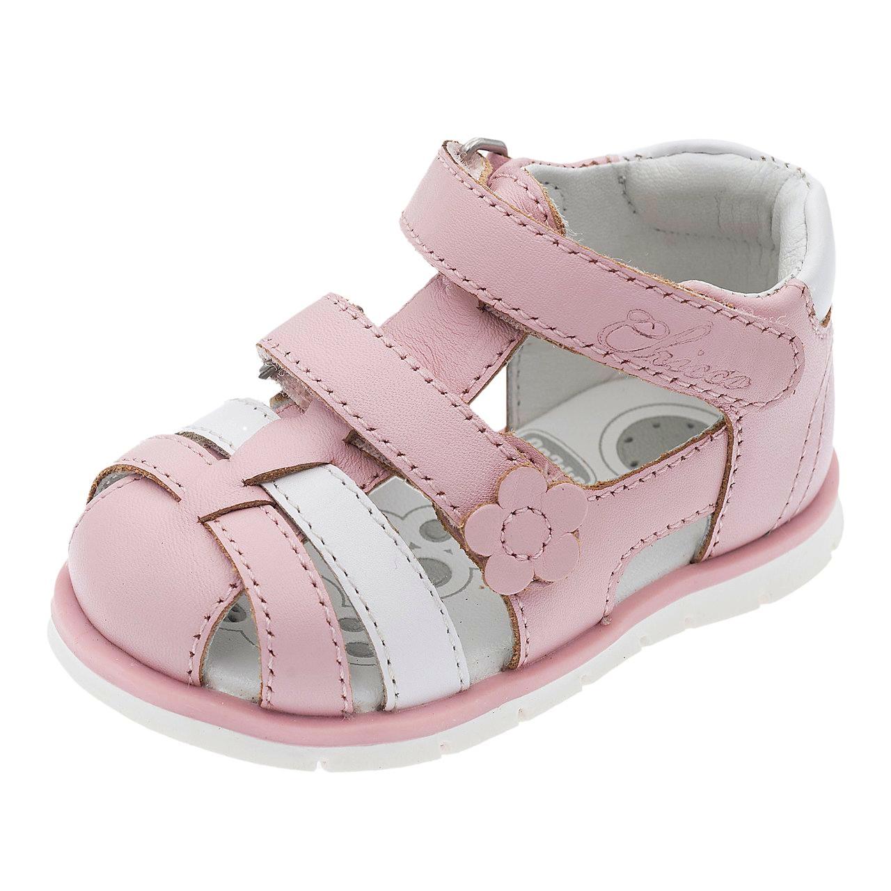 Sandalo primo passo in pelle rosa per bambina Chicco Granzy con applicazione floreale, punta chiusa e doppio strappo regolabile. | Chicco