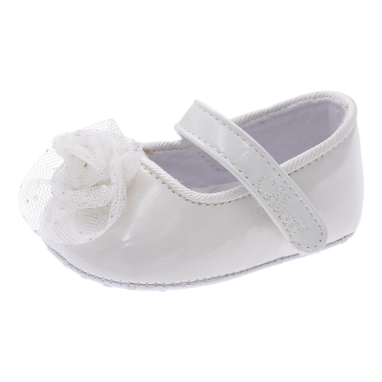 Ballerina bambina Nalba Chicco in vernice bianca con fiore in tulle glitterato, chiusura a strappo regolabile, ideale per occasioni speciali. | Chicco