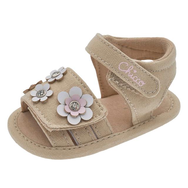 Sandalo bambina Obea beige Chicco a punta aperta con fiori e strass, chiusura doppio strappo regolabile, taglie 15-19. | Chicco