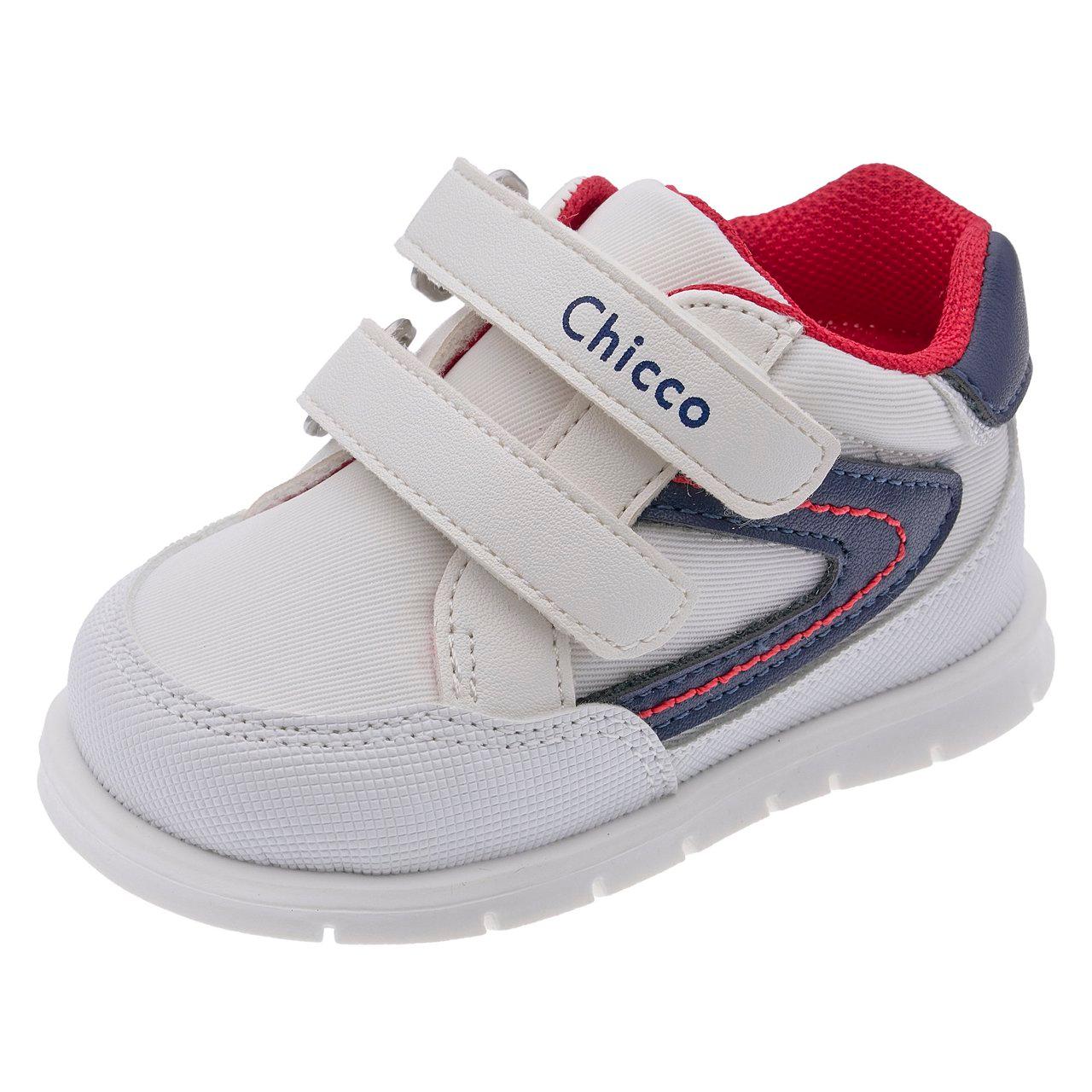Sneakers primi passi unisex Chicco bianche con inserti blu e rosso, chiusura a doppio strappo e suola flessibile per bambini. | Chicco