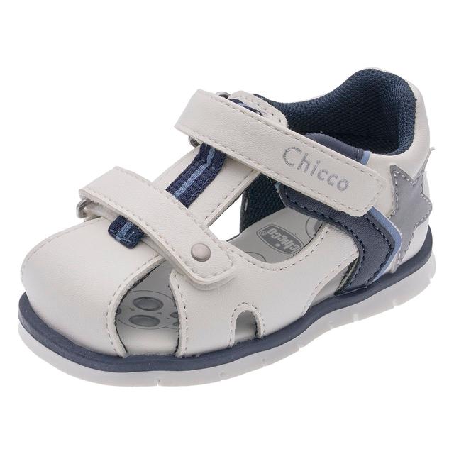 Sandalo primi passi unisex Chicco Feltre bianco con dettagli blu, punta chiusa, stella catarifrangente e doppio strappo regolabile. | Chicco