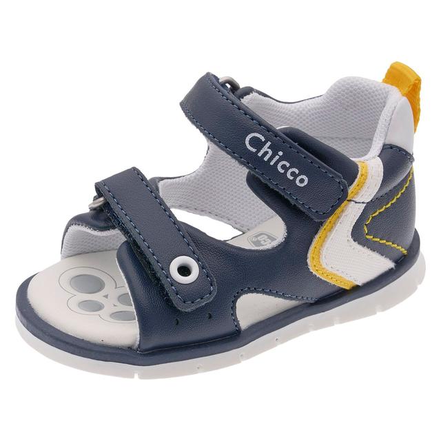 Sandalo bambino primi passi Chicco blu con inserti bianchi e gialli, punta aperta e doppio strappo regolabile. | Chicco