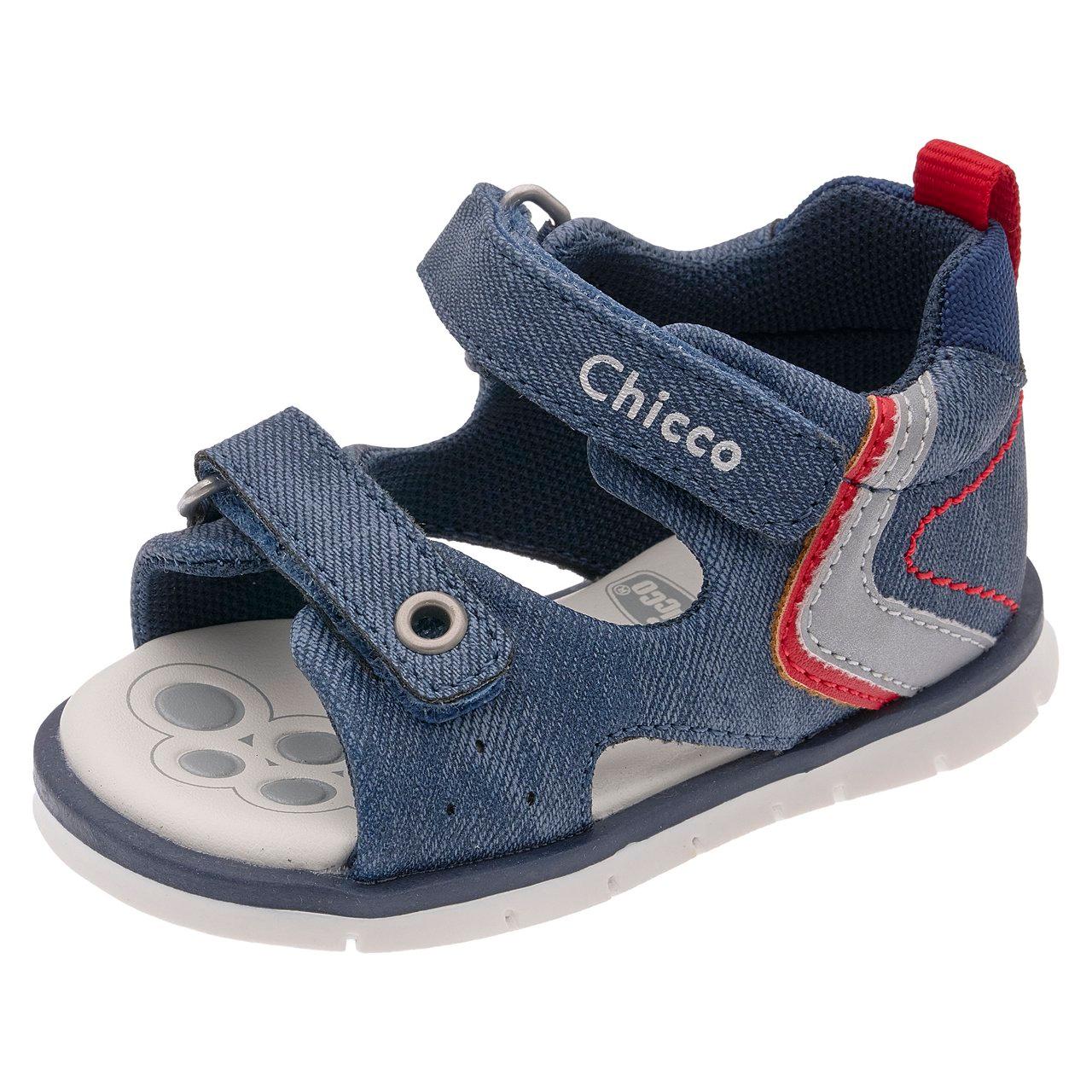 Sandalo bambino primi passi Chicco blu con inserti bianchi e gialli, punta aperta e doppio strappo regolabile. | Chicco