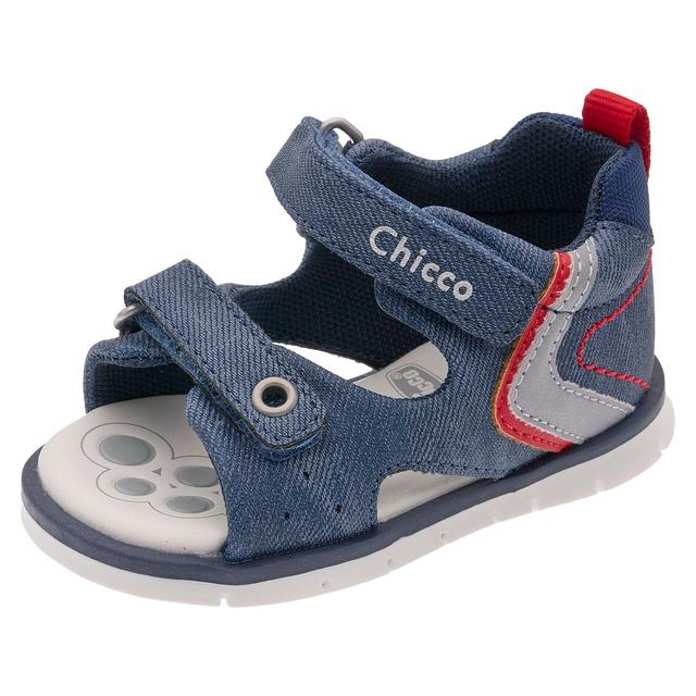 Sandalo bambino primi passi Chicco blu con inserti bianchi e gialli, punta aperta e doppio strappo regolabile. | Chicco